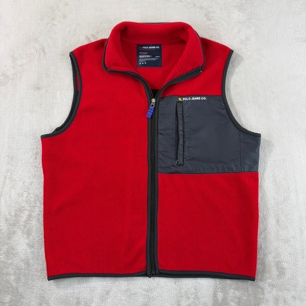 Vintage Ralph Lauren Polo Jeans Fleece Sweater Vest Red Black Men Large Full Zip